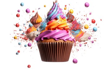 Illustration of a delicious cupcake with vibrant frosting and colorful sprinkles created with Generative AI technology