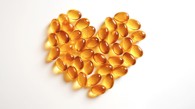A pile of Omega-3 capsules laid out in the shape of a heart on a white background, ai generative.