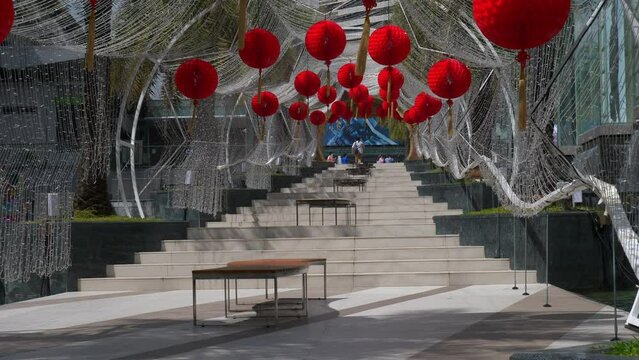 sunny day bangkok city center famous mall decorated exterior slow motion panorama 4k thailand