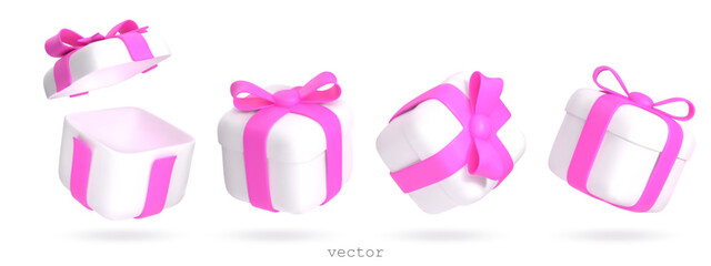 Set of vector 3d gift boxes open and closed with pink ribbon bow. Flying surprise box. Festive presents. Realistic vector illustration for birthday, valentines day banners.3d render isolated on white