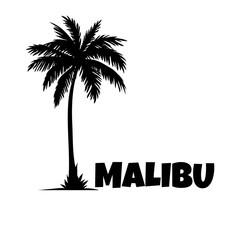 Logo vacaciones en California. Letras de la palabra Malibu en la arena de una playa con silueta de palmera