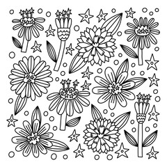 Fototapeta premium Doodle Flower Common Zinnias coloring book. Hand Drawn vector naive floral for drawing