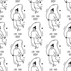 Seamless pattern with fat woman jumping on skipping rope. Sport, fitness exercises, motivational banner, body positive girl, texture for print or web. textile pattern