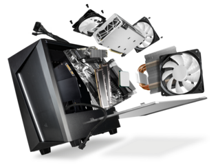 flying parts of a modern computer. hardware components mainboard cpu processor graphic card RAM cables and cooling fan flying out of black silver PC case  isolated abstract technology background