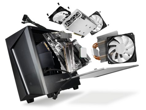 flying parts of a modern computer. hardware components mainboard cpu processor graphic card RAM cables and cooling fan flying out of black silver PC case  isolated abstract technology background