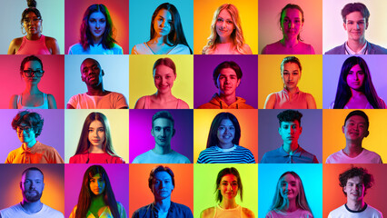 Fototapeta na wymiar Collage made of portraits of young people of diverse age, gender and race looking at camera against multicolored background in neon light