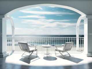 Fototapeta premium elegant sea view with chairs on the terrace overlooking white seafront