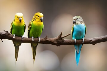 Three parakeets sitting on one branch, yellow green and blue bird