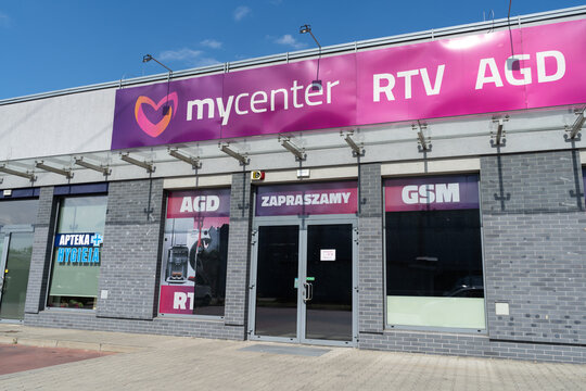 MyCenter RTV AGD multimedia shop with logo sign. Appliance, electronics and home goods store. Signboard with brand logotype on June 18, 2023 in Trzebinia, Poland.
