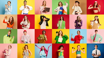 Collage made of portraits of different young people, men and women posing in various clothes over...