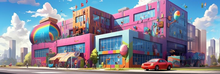 Colorful Modern School Building Illustration. Back to School Background. Generative Ai