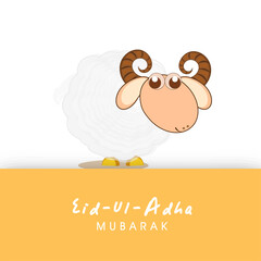 Eid-Ul-Adha Mubarak Poster or Greeting Card with Cartoon Sheep Character on PNG and Pastel Orange Background.