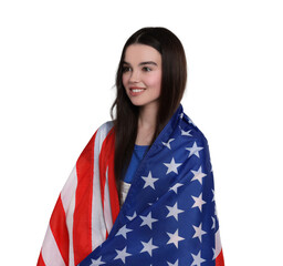 4th of July - Independence day of America. Happy teenage girl holding national flag of United...