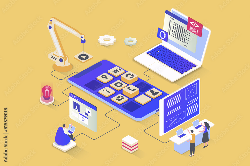 Poster App development concept in 3d isometric design. UI UX layout developing, programming application interfaces, coding mobile software. Illustration with isometry people scene for web graphic