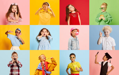 Collage made of portraits of cute boys and girls, children posing with diverse emotions, having fun...