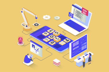 App development concept in 3d isometric design. UI UX layout developing, programming application interfaces, coding mobile software. Illustration with isometry people scene for web graphic