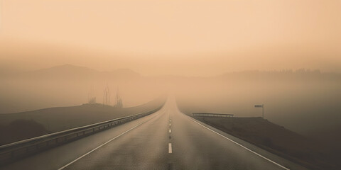 Fototapeta premium Minimalistic misty empty highway. Foggy road. Mystery travel concept. Generative AI
