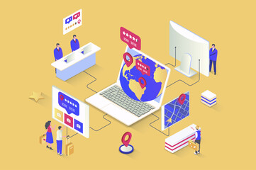 Booking service concept in 3d isometric design. Travel agency offers destinations for recreation, routes for tourists, hotel and flight. Illustration with isometry people scene for web graphic