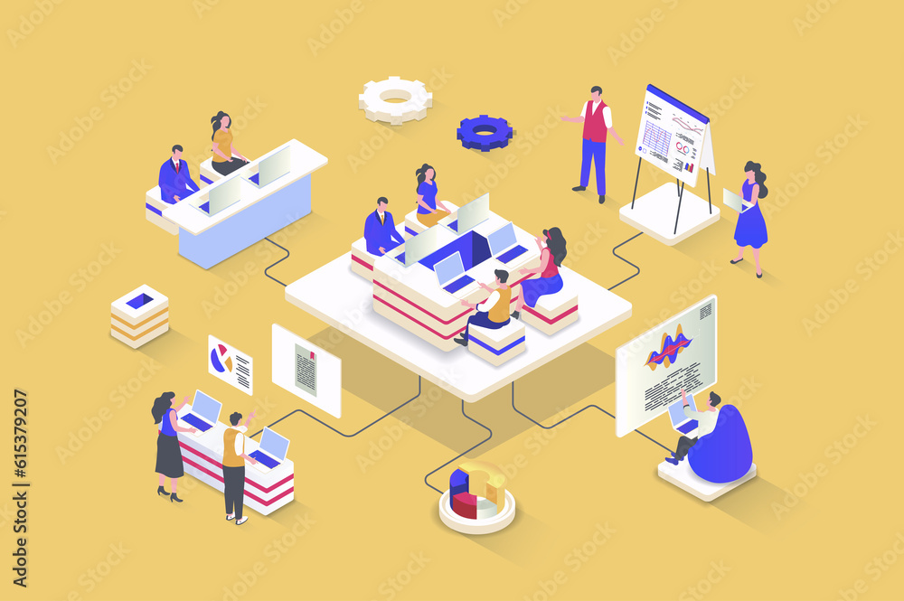 Aufkleber business meeting concept in 3d isometric design. colleagues work together at desk, discuss work task