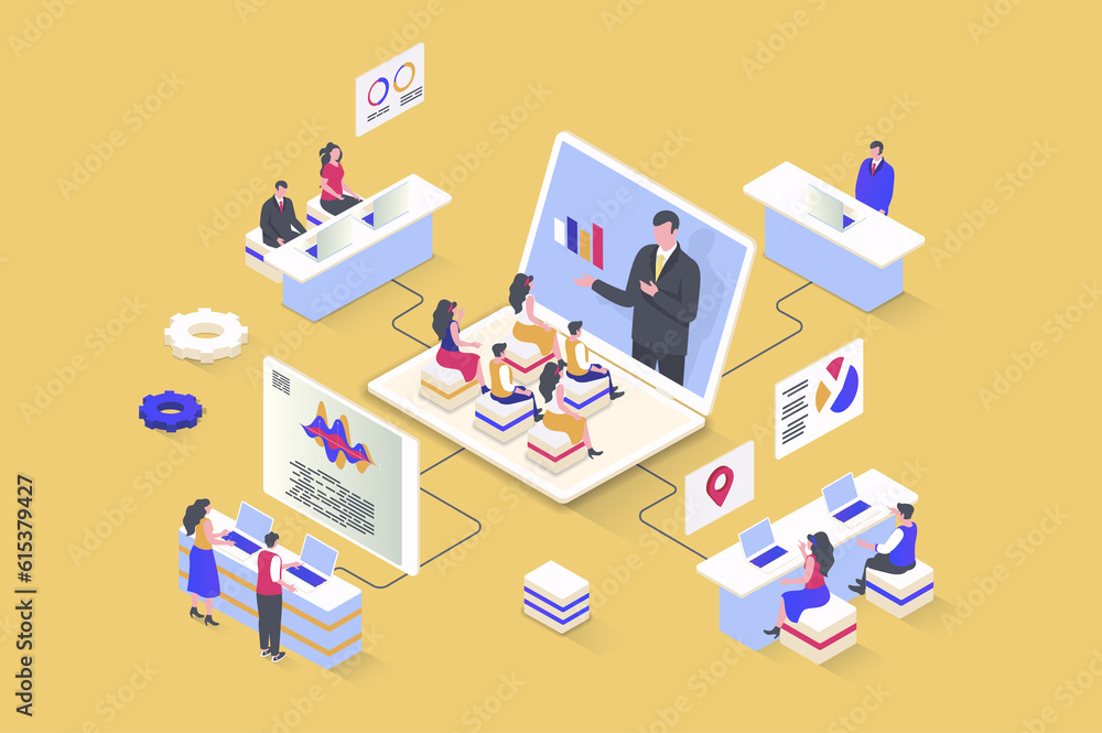 Aufkleber coaching concept in 3d isometric design. business coach making lecture for company employees, improv