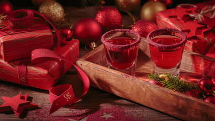 Two glasses of red liqueur on wooden background. Winter holidays, Christmas or new year party celebration concept