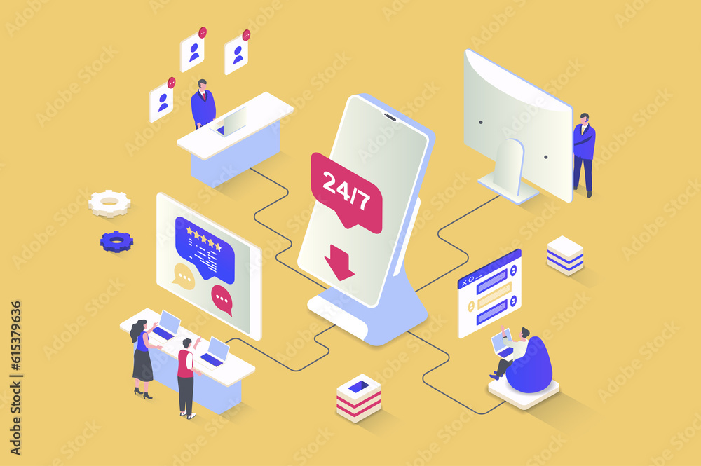 Poster Customer support concept in 3d isometric design. Call center operators answering calls and consulting clients in chat of solve problems. Illustration with isometry people scene for web graphic