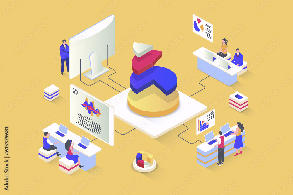 Aufkleber Data analysis concept in 3d isometric design. Studying chart, researching statistics for financial reports and creating new strategy. Illustration with isometry people scene for web graphic