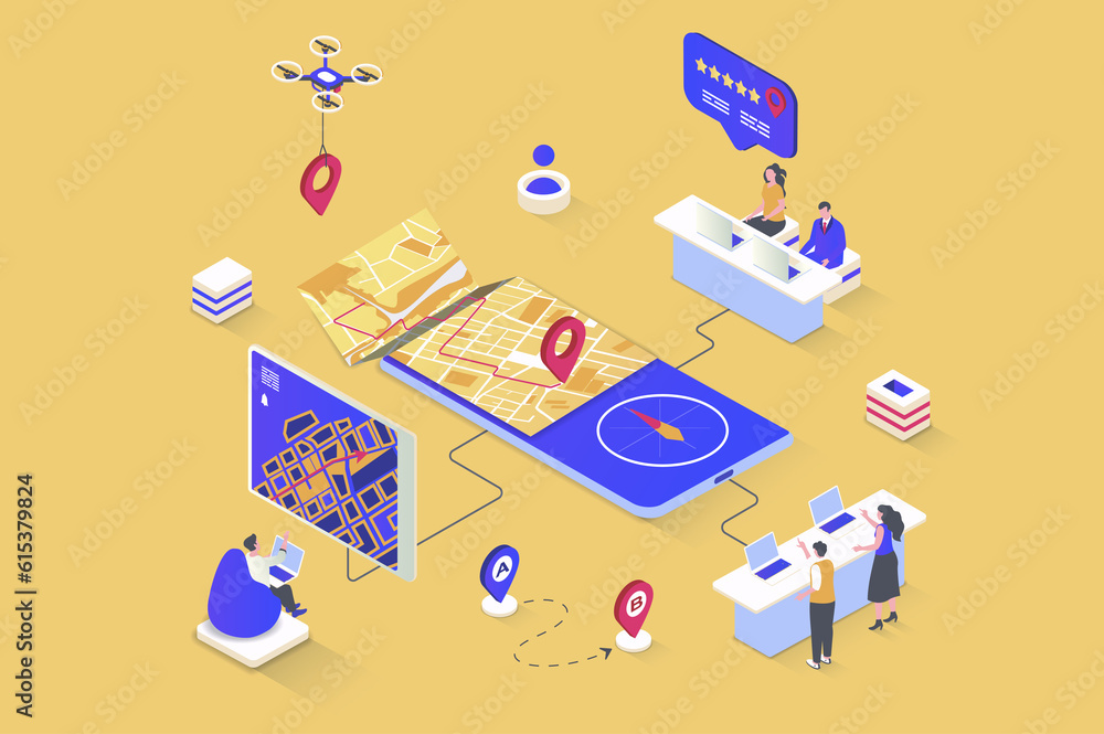Aufkleber GPS navigation concept in 3d isometric design. Map navigation system with pointer, road traffic and online tracking in mobile app screen. Illustration with isometry people scene for web graphic