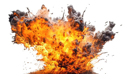Powerful explosion with flying fragments and black smoke. Transparent background. Generative Ai - obrazy, fototapety, plakaty
