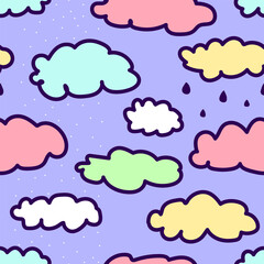 Seamless fairy pattern of clouds with snow and rain. Cute illustration for wallpaper, wrapping paper, textile for children. Multicolored hand-drawn clouds with a black outline on a violet background