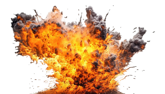 Powerful explosion with flying fragments and black smoke. Transparent background. Generative Ai
