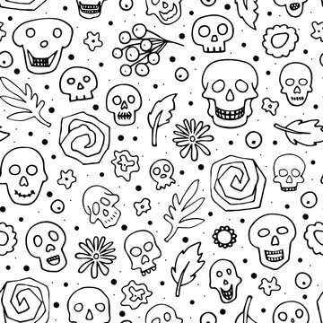 Doodle Halloween sculls, flowers seamless pattern. Skeleton, plant on white background. Hand-drawn el dia de los Muertos. Mystical character. Vector illustration for autumn holiday The day of the Dead