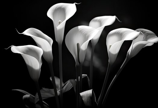 Calla flowers on the dark background place for a text. Created with Generative AI technology.