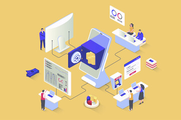 Mobile banking concept in 3d isometric design. Clients use online services, control financial account, increase savings, make transfers. Illustration with isometry people scene for web graphic