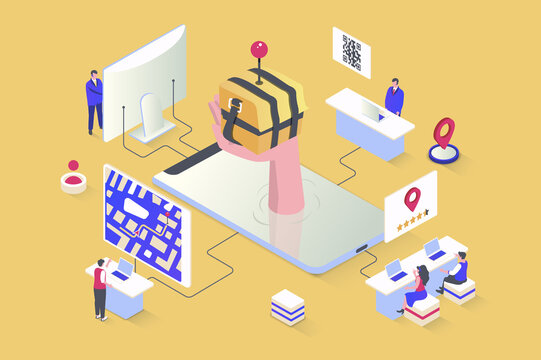 Online delivery concept in 3d isometric design. Customers send and receive parcels, track online, pay for service of logistics company. Illustration with isometry people scene for web graphic