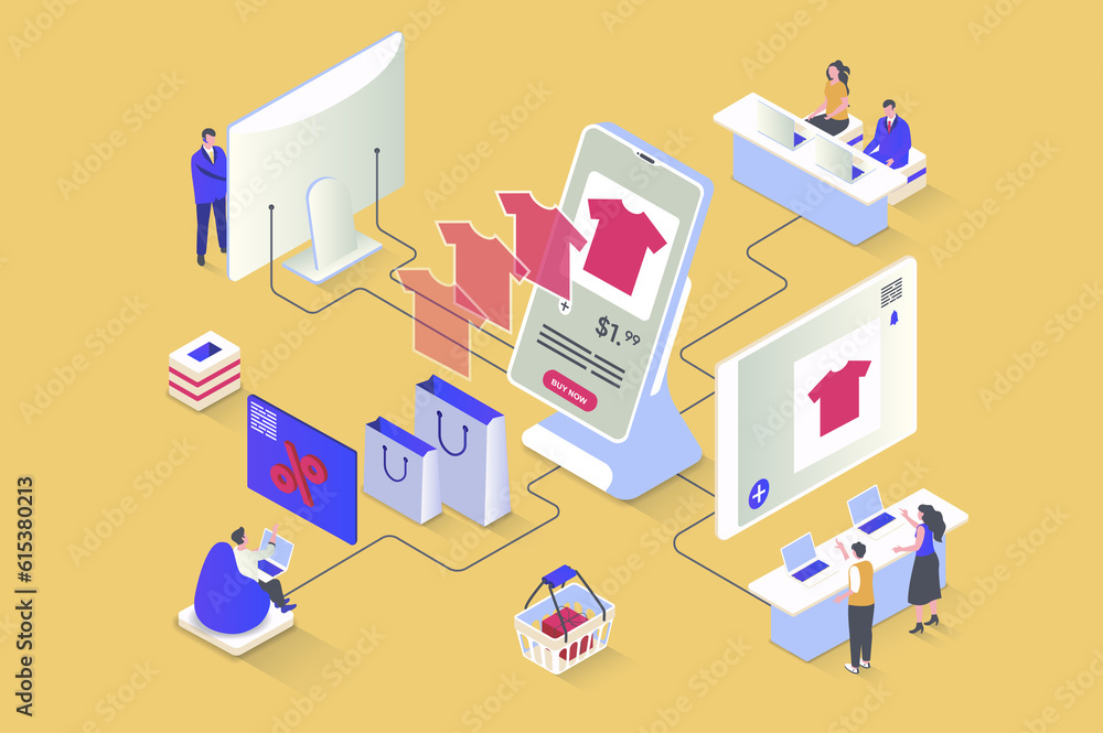 Leinwandbilder online shopping concept in 3d isometric design. buyers choose products with discount prices using mo