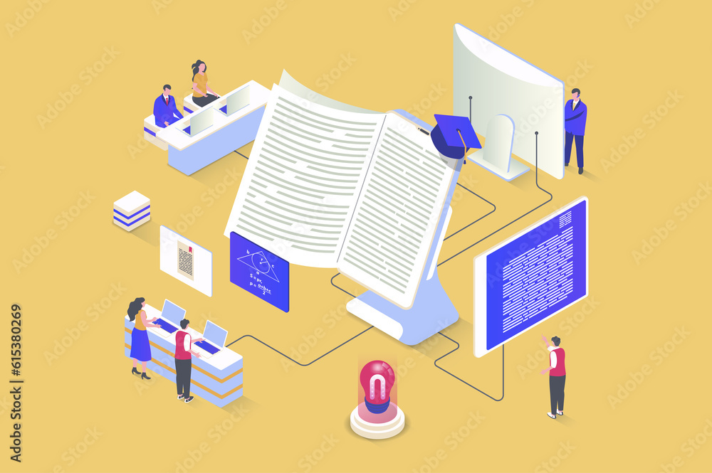 Fototapete Online studying concept in 3d isometric design. Students read books, study literature and science, make homework for lessons at home. Illustration with isometry people scene for web graphic