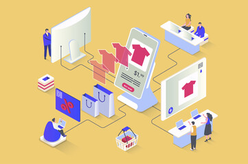 Fototapeta na wymiar Online shopping concept in 3d isometric design. Buyers choose products with discount prices using mobile applications and store sites. Illustration with isometry people scene for web graphic