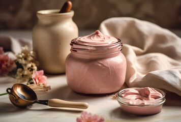 some pink cream, a jar of soap and a spoon