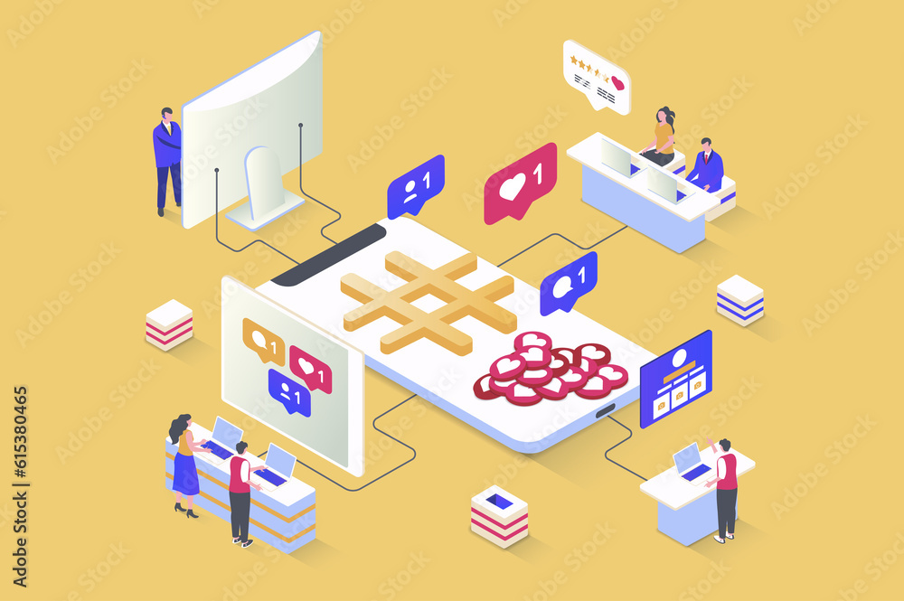 Poster social network concept in 3d isometric design. online communication, subscriptions to profiles and b