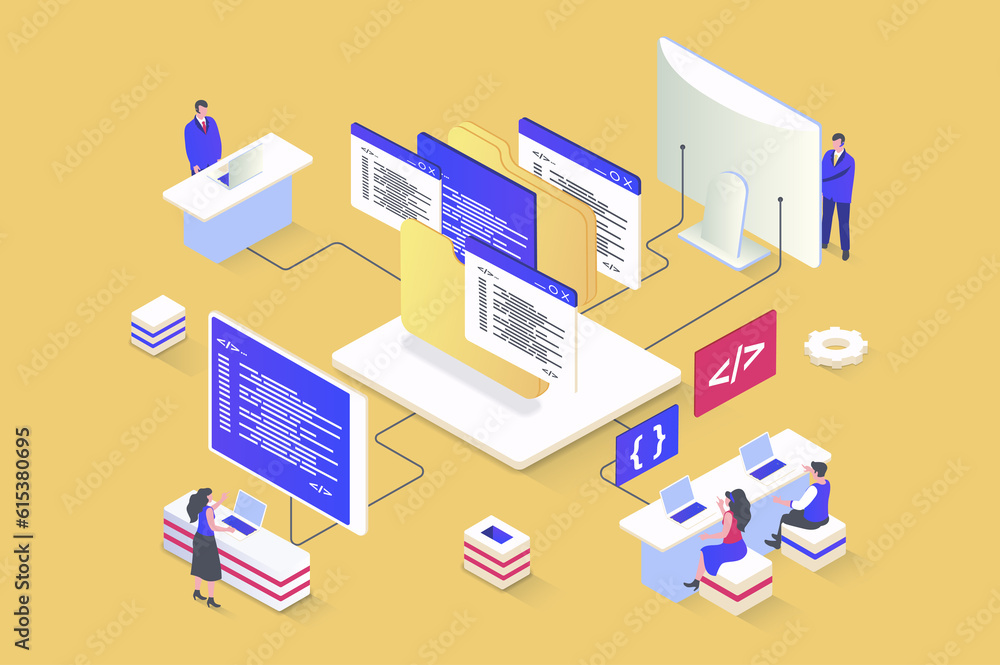 Leinwandbilder Web development concept in 3d isometric design. Designers prototyping and coding, working on ui ux for mobile apps and pages layouts. Illustration with isometry people scene for web graphic