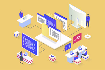 Web development concept in 3d isometric design. Designers prototyping and coding, working on ui ux for mobile apps and pages layouts. Illustration with isometry people scene for web graphic