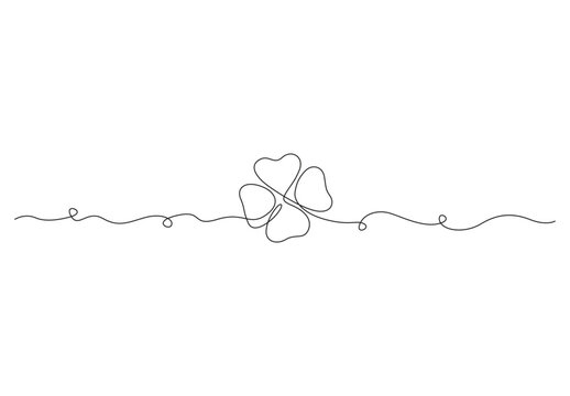 One continuous line drawing of four-leaved clover. Good luck floral symbol in simple linear style. Concept for web banner Saint Patrick Day in editable stroke vector illustration. Premium vector. 