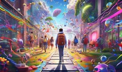 Colorful Illustration of Students Walking to School Background. Back to School Concept. Generative Ai