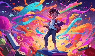 Colorful Illustration of Student at School. Back to School Concept. Generative Ai