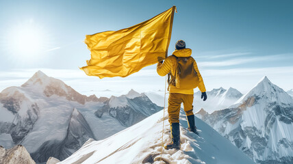 Goal to success or human performance with person climbing and  raising flag on everest mountain peak.inspiration and motivation.generative ai technology - obrazy, fototapety, plakaty