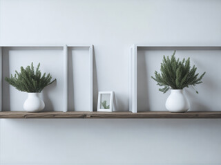 Elegant interior still life. Two floating shelves. Blank wooden picture frame mockup template. Textured vase with olive tree branches and old books. AI Generator image. White wall background. 