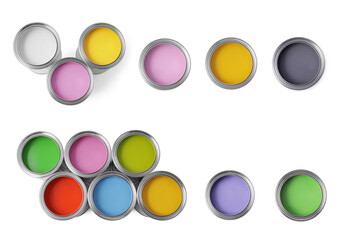 Collage with paints of different colors in cans isolated on white, top view