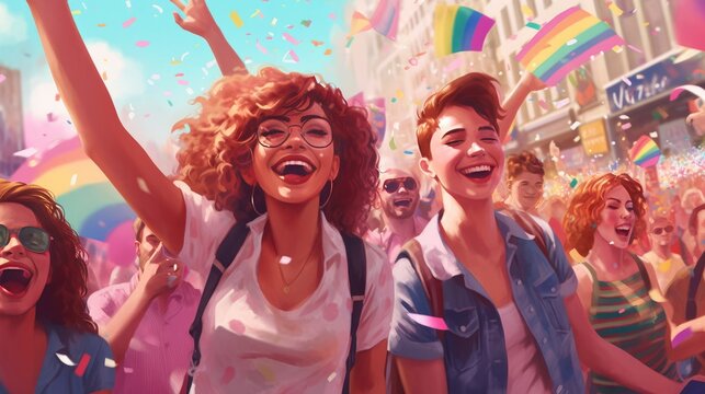 Happy people celebrating Gay pride parade for LGBTQ people