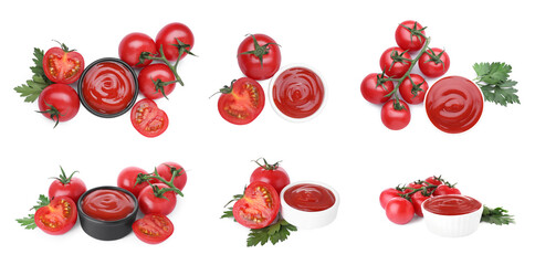 Set of tasty ketchup in bowls with fresh tomatoes and parsley on white background, different views